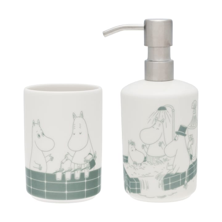 Moomin soap dispenser and toothbrush holder, Bath time green-white Arabia