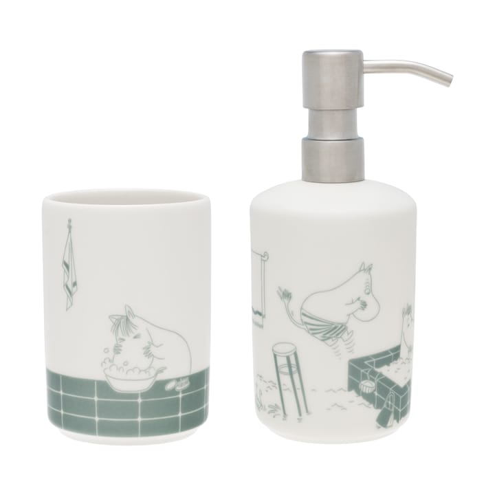 Moomin soap dispenser and toothbrush holder, Bath time green-white Arabia