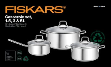 Fiskars pot & saucepan set with glass lid 3 pieces - Stainless steel - Fiskars