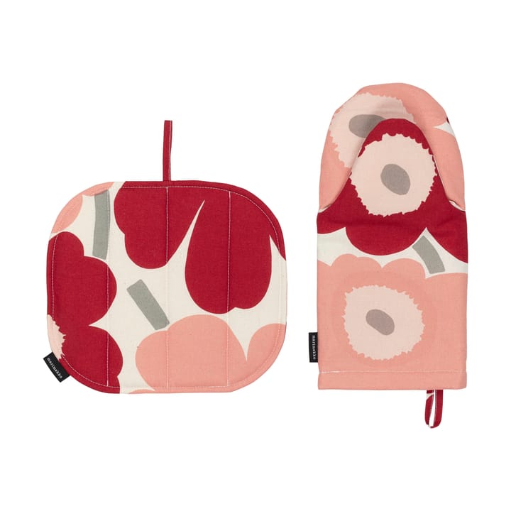 Pieni Unikko oven mitt + pot holder 2 pieces, Cotton-dark cherry-rose Marimekko