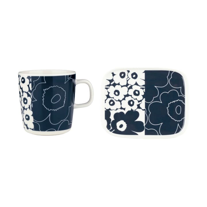 Unikko kollaasi tray + mug 2 pieces, White-dark blue Marimekko