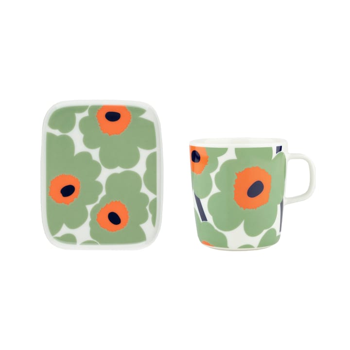 Unikko mug 40 cl + plate 12x15 cm, White-sage-orange-dark blue Marimekko