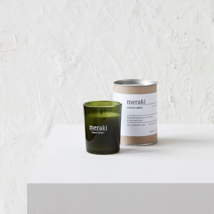 Meraki scented candle green glass 12 hours, green herbal Meraki