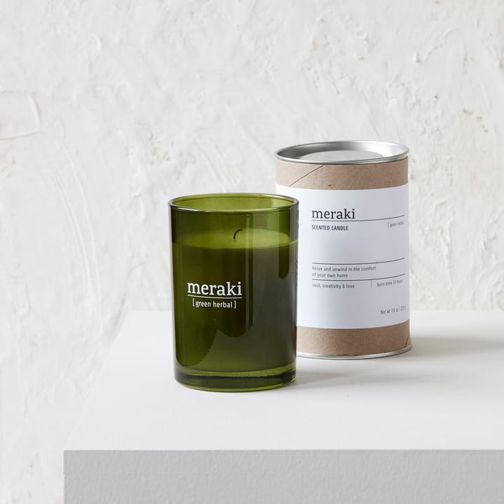 Meraki scented candle green glass 35 hours, green herbal Meraki