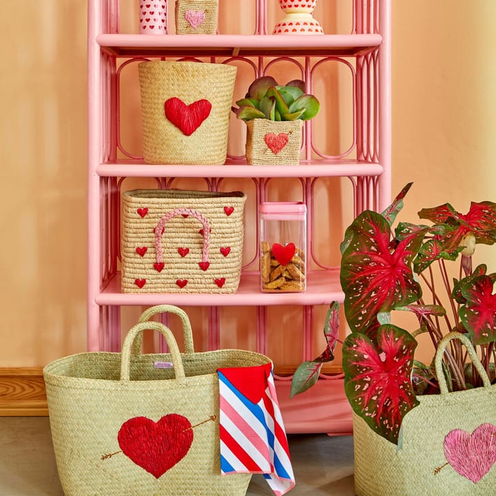 Rice raffia basket with handle 30x30 cm, Red hearts RICE