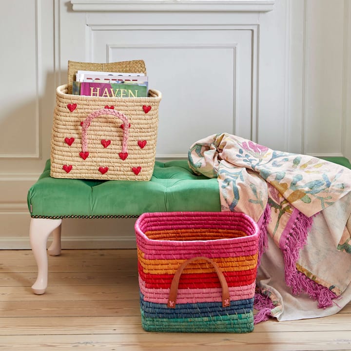 Rice raffia basket with handle 30x30 cm, Red hearts RICE