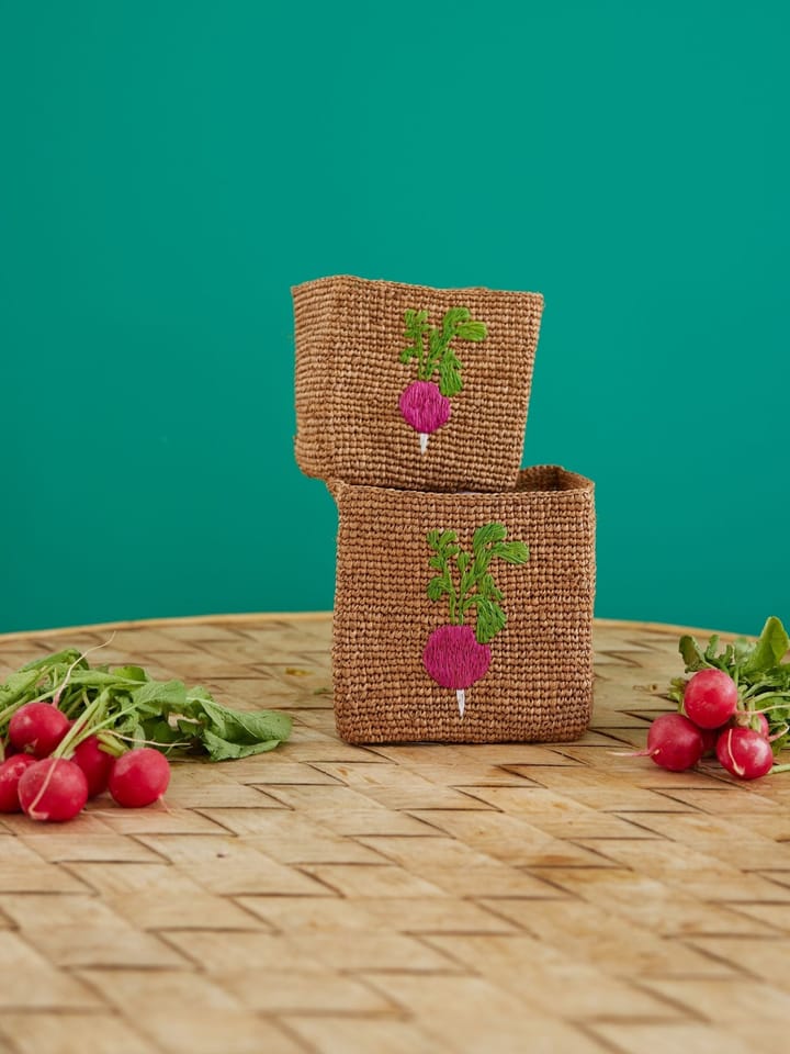 Rice raffia storage basket 2 pieces, Radish Embroidery-Tea RICE