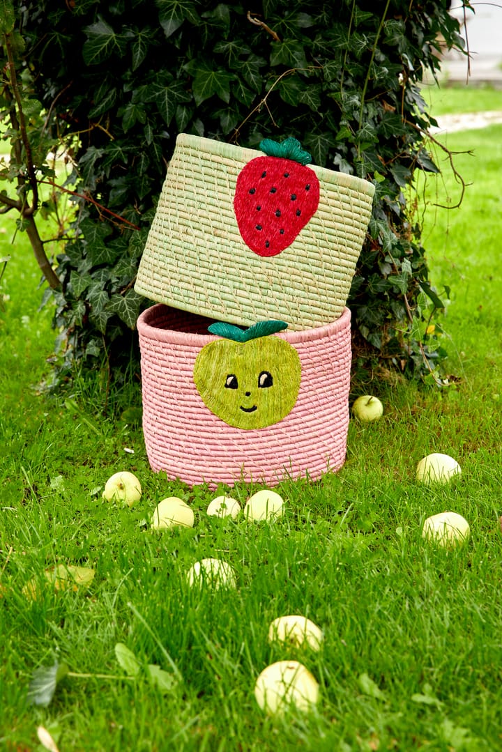 Rice raffia storage box Ø35 cm, Strawberry embroidery RICE