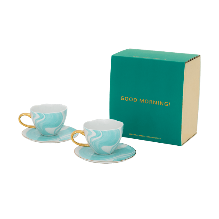 Good Morning gift set Cappuccino mug & saucer 2-pack - Valuri emerald green - URBAN NATURE CULTURE