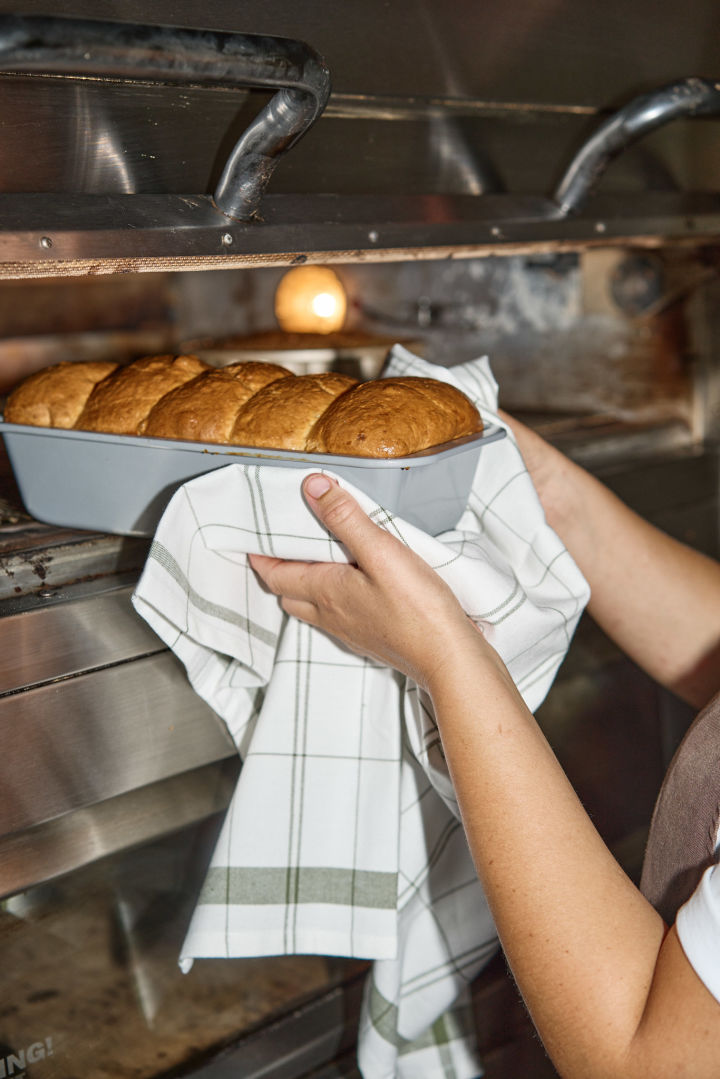 Here, Lilian is taking a ready-made brioche loaf out of the oven in a Nordwik loaf tin.