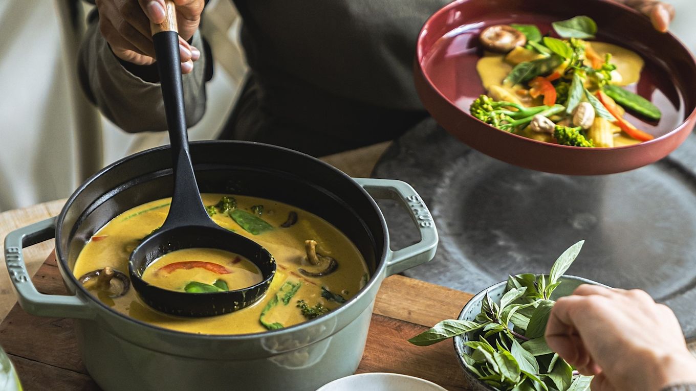 A curry with lots of vegetables is the perfect dish for the Veganuary. A large ceramic pot like this one from Staub is ideal for large quantities.