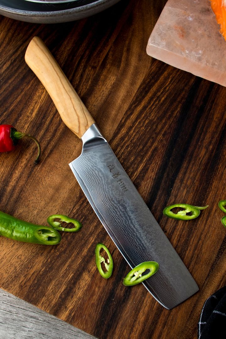 A close up of a Japanese Nakiri knife from above. 